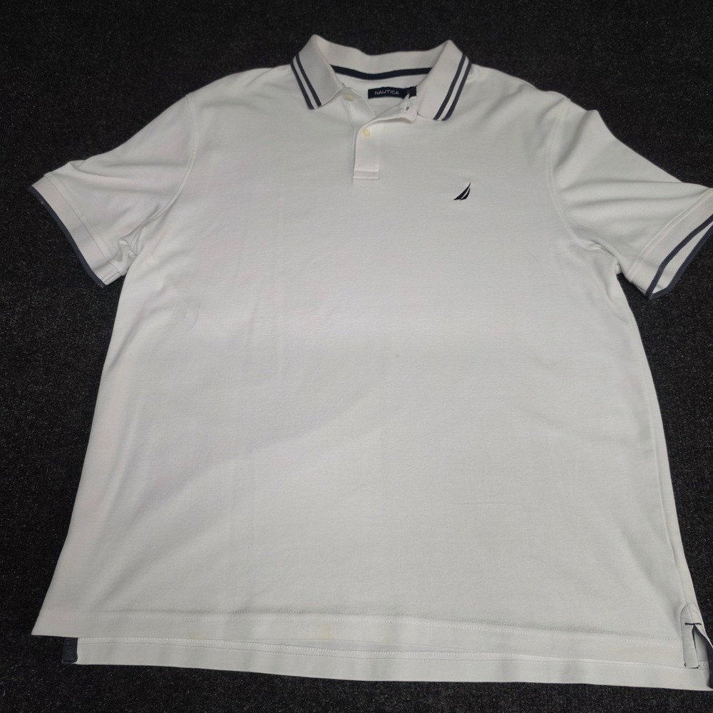 Nautica Mens XL White Short Sleeve Polo Shirt Navy Tipped Collar J-Class Logo